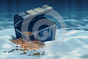 Open treasure chest with gold underwater, 3D rendering