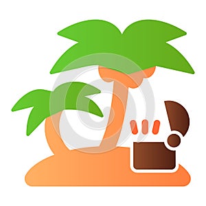 Open treasure chest on island flat icon. Tropical island with palm color icons in trendy flat style. Island with ancient
