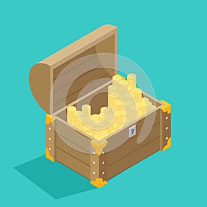 Open treasure chest isolated flat isomertic design