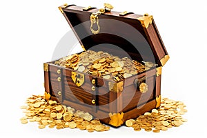 Open treasure chest overflowing with gold coins. Isolated on white