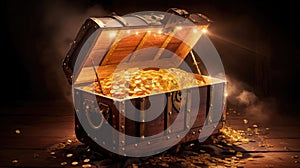 Open treasure chest with shinny gold. Generative Ai