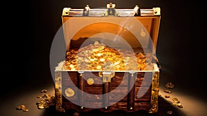 Open treasure chest with shinny gold. Generative Ai