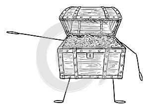 Open Treasure Pirate Chest Cartoon Character Full of Gold Coins Pointing at Something by Hand, Vector Illustration