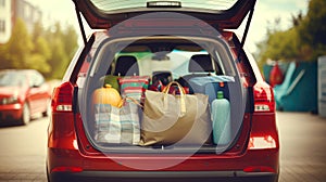 Open trunk of car with paper bags full of food and drinks.