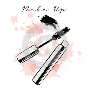 Open tube of mascara painted with grunge and watercolor brushes, trendy pastel colors. Illustration vector