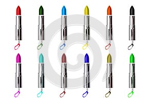 Open tubes of lipstick in different colors, isolated on a white background. Women`s cosmetics and fashion background.