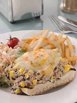 Open Tuna and Sweet corn Melt with Coleslaw