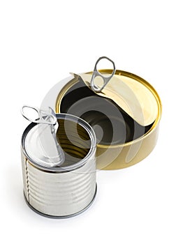 Open two empty tin cans on a white background