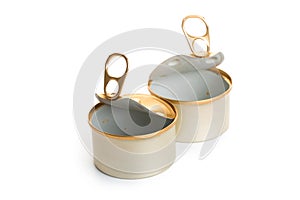 Open two empty tin cans on a white background