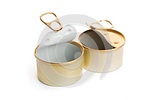 Open two empty tin cans on a white background
