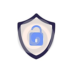 Open unlocked padlock in shield icon. Cyber attack symbol, insecure unsafe bad hacked password, access to secret and