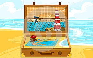 Open vacation suitcase travel concept vector illustration, cartoon flat beach landscape with relaxing vacationer