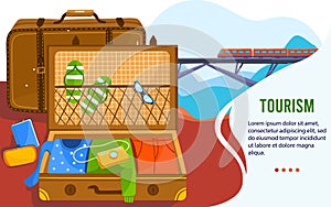 Open vacation suitcase travel concept vector illustration, cartoon flat leather luggage with summer slippers for