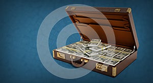 Open vintage briefcase full of 100 dollar bills on blue background. Copy space on the left. 3D illustration