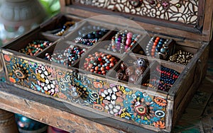 An open vintage jewelry box filled with colorful beads and necklaces, artistic treasures.