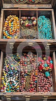 An open vintage jewelry box filled with colorful beads and necklaces, artistic treasures.