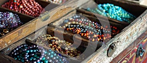 An open vintage jewelry box filled with colorful beads and necklaces, artistic treasures.