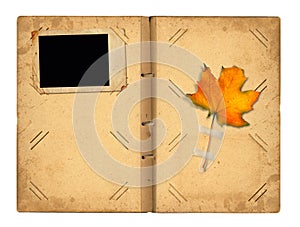 Open vintage photoalbum for photos with autumn foliage