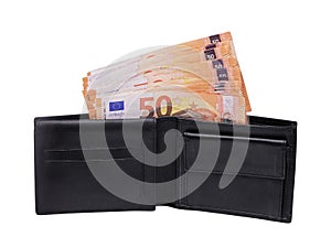 Open wallet full of 50 euro banknotes money isolated on white