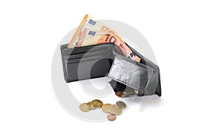 Open wallet with some euro coins and notes, money check in an economic crisis, isolated on a white background, selective focus