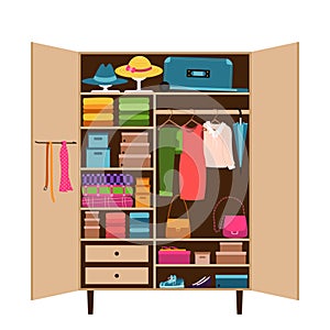 An open wardrobe with clothes neatly laid out on the shelves. Order in the wardrobe. Things in the closet on hangers. Reasonable