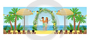 Open Wedding Ceremony on Tropical Beach Resort, Happy Newlyweds and their Guests Cartoon Style Vector Illustration