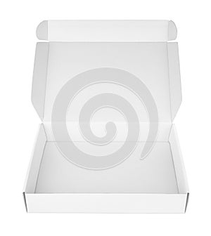 Open white blank carton pizza box