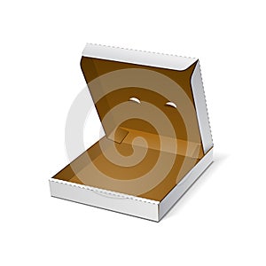 Open White Blank Carton Pizza Box On White Background Isolated. Mock Up Template Ready For Your Design. Food Product