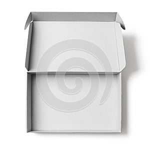 Open white cardboard box top view isolated with no shadows clipping path included