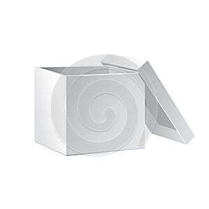 Open White Cardboard Carton Gift Box With Lid. Illustration Isolated On White Background. Mock Up Template Ready