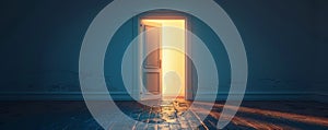 Open white door with bright light shining into dark empty room, symbolizing hope and new opportunities photo
