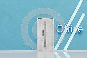 an open white door to the office and the inscription office against the background of a blue wall. 3D render