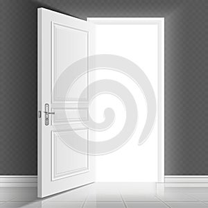 Open white entrance door. Business success vector concept background