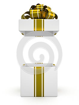 Open white gift box with gold bow isolated on white background 6