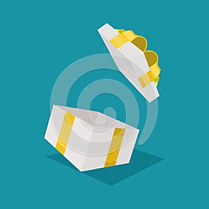 Open the white gift box with golden ribbon. A surprise inside gift box. Vector illustration