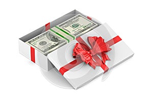 Open white gift box with money on white background. Isolated 3D illustration