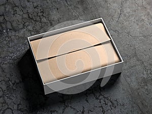 Open White Gift Box packaging Mockup with kraft wrapping paper on concrete floor