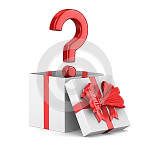 Open white gift box and question on white background. Isolated 3D illustration