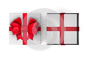 Open white gift box with red bow on white background. Isolated 3D illustration