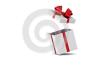 Open white gift box with red bow on white background. Isolated 3D illustration