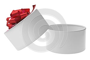 Open white gift box with red ribbon bow