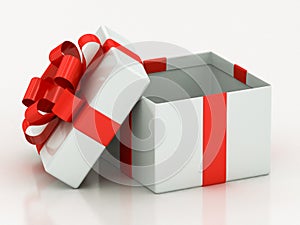 Open white gift boxes with red ribbon