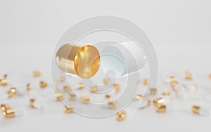 Open white golden blank capsule on background of closed shiny pills. Medical tablets, pharmaceutical drug, vitamins