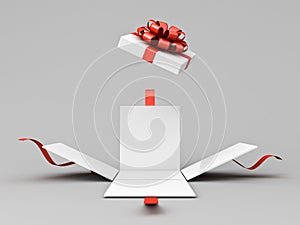 Open white present box or opened gift box with red ribbons and bow on white grey background with shadow minimal creative