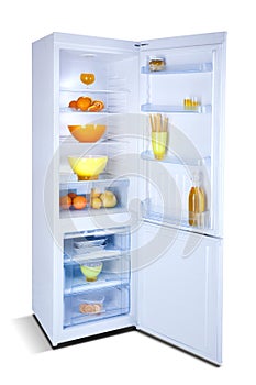 Open white refrigerator. Fridge freezer