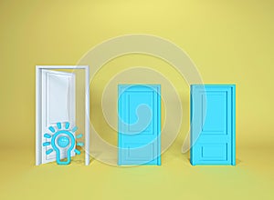 Open whithe door and green closed door abstract Idea lightbulb colorful yellow background. Minimal concept.Idea photo