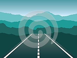 Open wide angle road landscape with hills vector illustration.