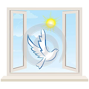 Open window against a white wall and the cloudy sky. Vector