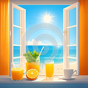 Open window with beautiful view of the beach landscape. beautiful summer landscape of sandy beach by the sea with bright sunlight