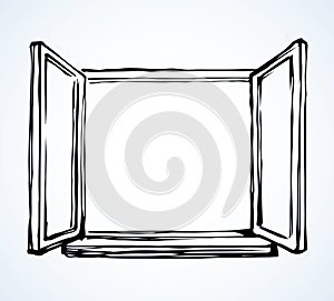 Open window with cup of coffee. Vector drawing